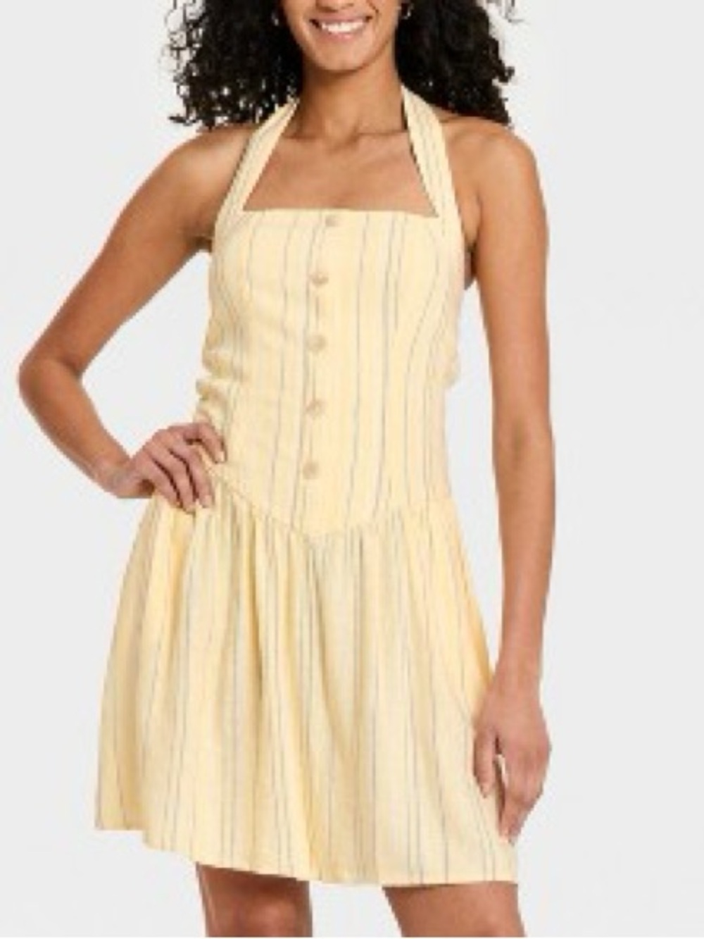 🎯50% OFF! Linen blend yellow and blue striped halter mini dress